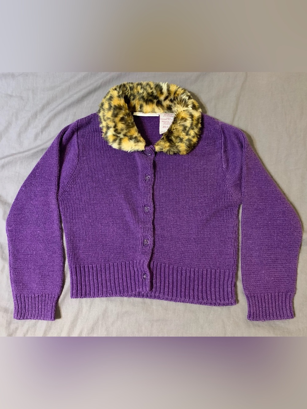Girls' Purple Knit Cardigan with Faux Fur Leopard Collar